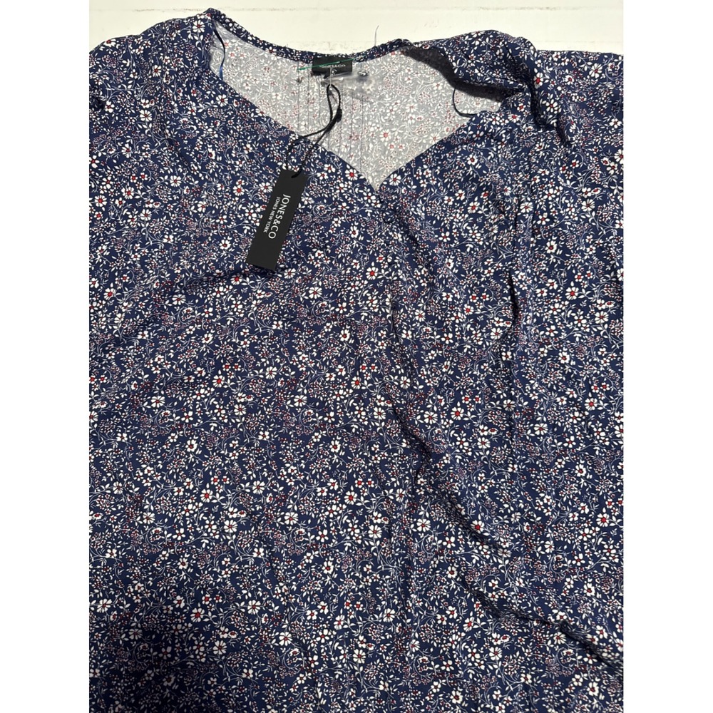 Jones & Co Floral Blouse Womens 1X Blue NWT Short Sleeve V-Neck Pleated Top